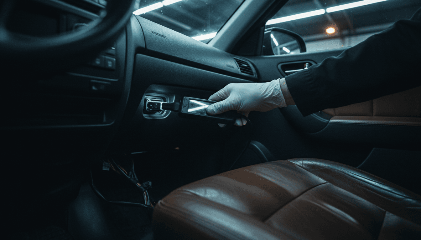 Hand plugging OBD2 scanner into car diagnostic port under dashboard