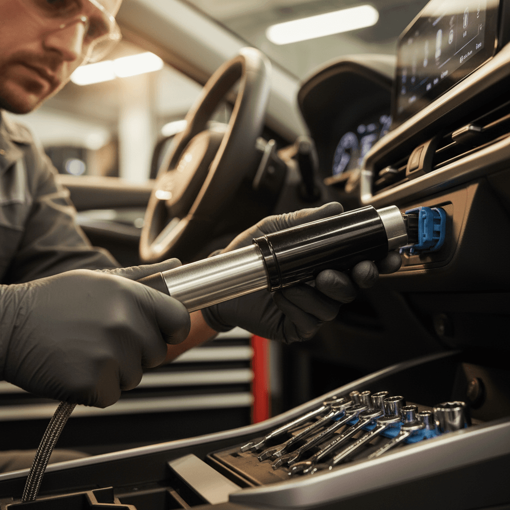 Hands plugging an OBD2 scanner into a car's diagnostic port in a bright auto shop