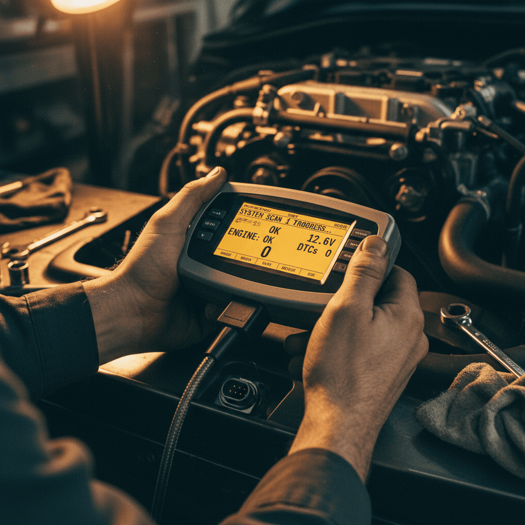 Pre-purchase OBD2 scan tool plugged into car diagnostic port
